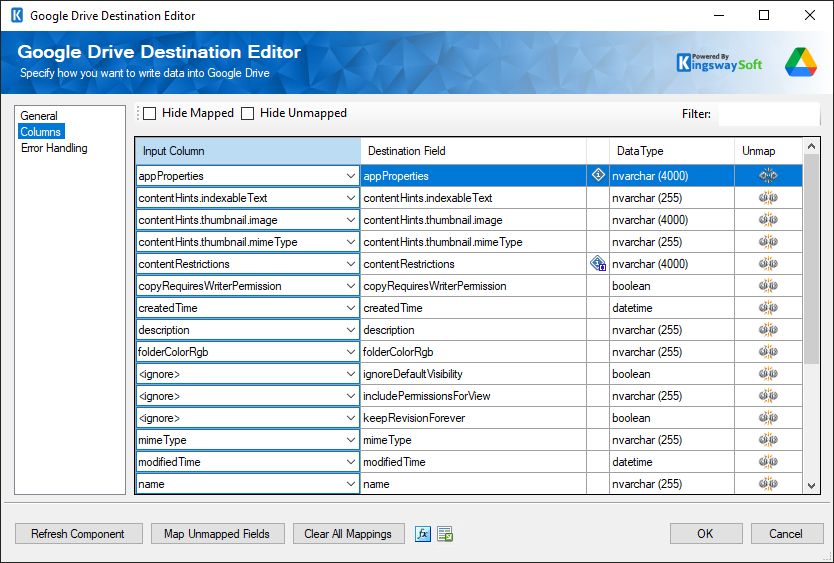 Google Drive Destination - Columns